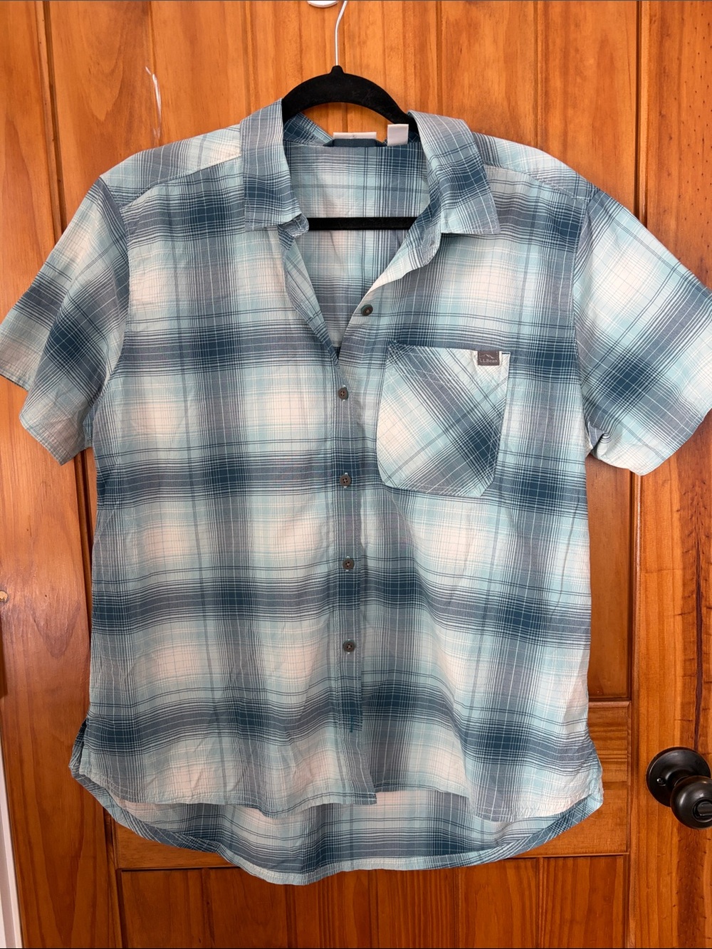 LL Bean Short Sleeve Plaid Button Down Shirt Blue Teal White Large Outdoorsy